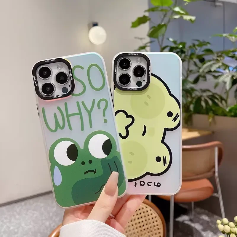 2024 Cute Cartoon Phone Case Pensive Frog Design Compatible With Apple Full-screen Frog Laser Graphic And Stylish Letter Print