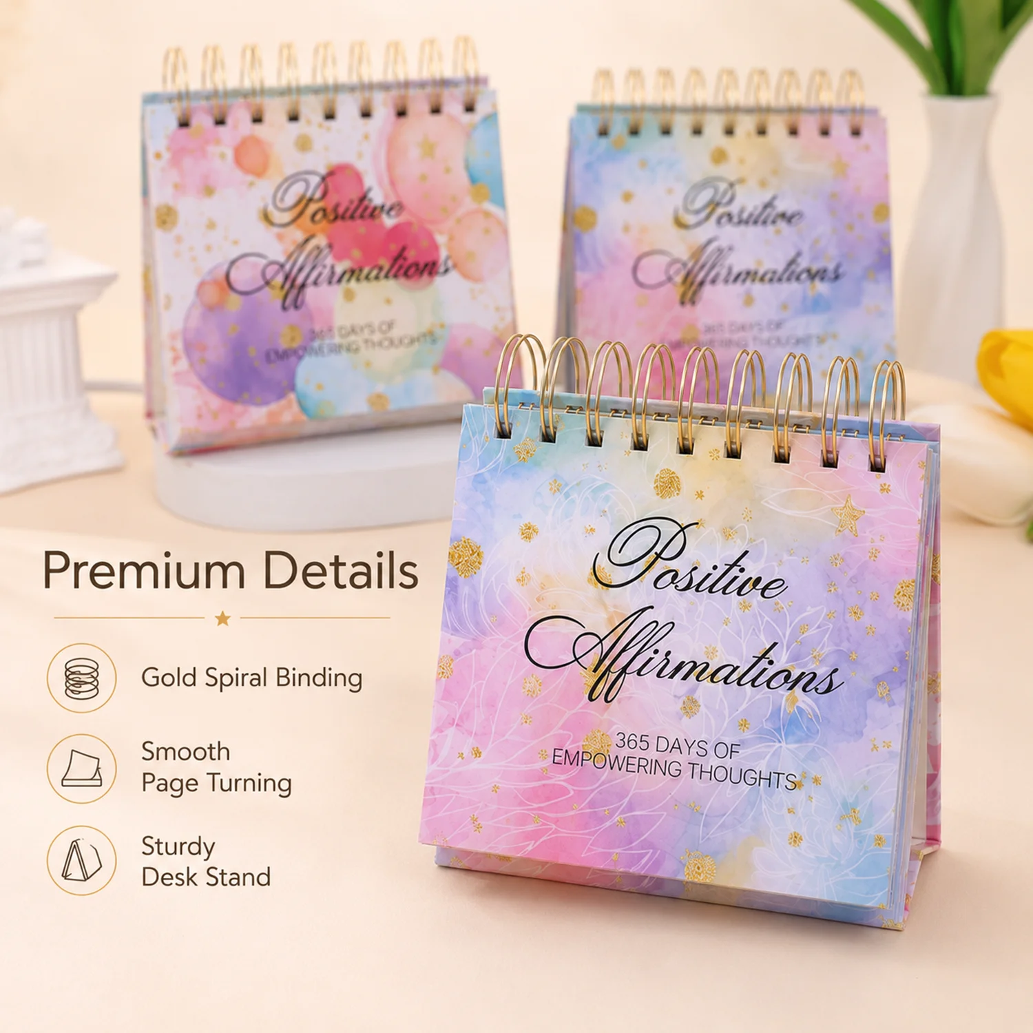 Exquisite Standing Flip Calendar, Desktop Inspirational Quotes, Gold Coil Binding In Watercolor Style, Home Office Decor & Gifts