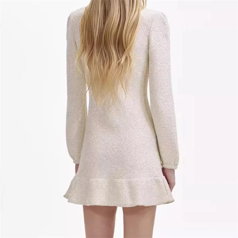 Womens dresses 2024 Autumn New in Fashion sequin Decorative Long Sleeve Mini Dress Multi pocket tweed Short dresses White Dress