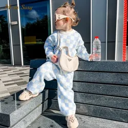 Fashion Baby Girl Boy knitted Clothes Set Sweater+Pant 2PCS Infant Toddler Spring Fall Winter Plaid Knit Suit Baby Clothes 1-5Y