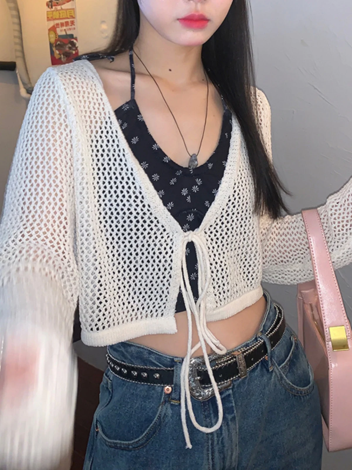 

Women's Casual Hollow Top ort Coat V-ne Tie-dye Street Sle Long Sve Thin Material Loose Fit ort Length