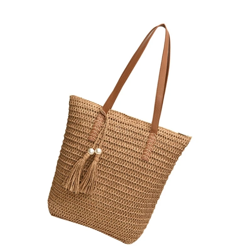 Casual Beach Handbag Spacious Straw Shopper Bag for Ladies Vacation Shoulder Bag