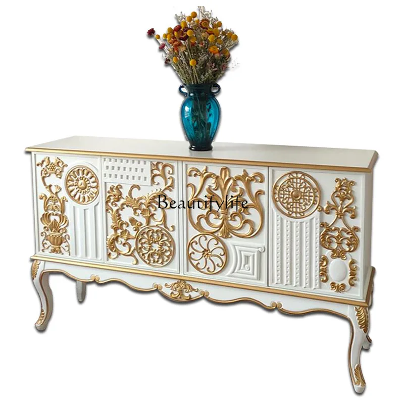 

French Luxury Entrance Cabinet Carved Gold-Painted Solid Wood Dining Storage Villa Entrance Shoe Cabinet