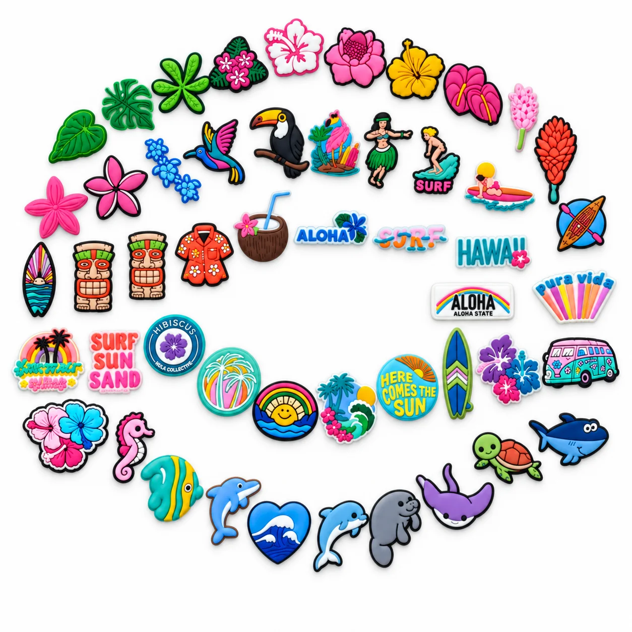 50pcs Hawaii Surf Shoe Charms Set Hibiscus Dolphin PVC Pins for Clogs Tropical Fashion Summer Accessories Gift for Girls Teens