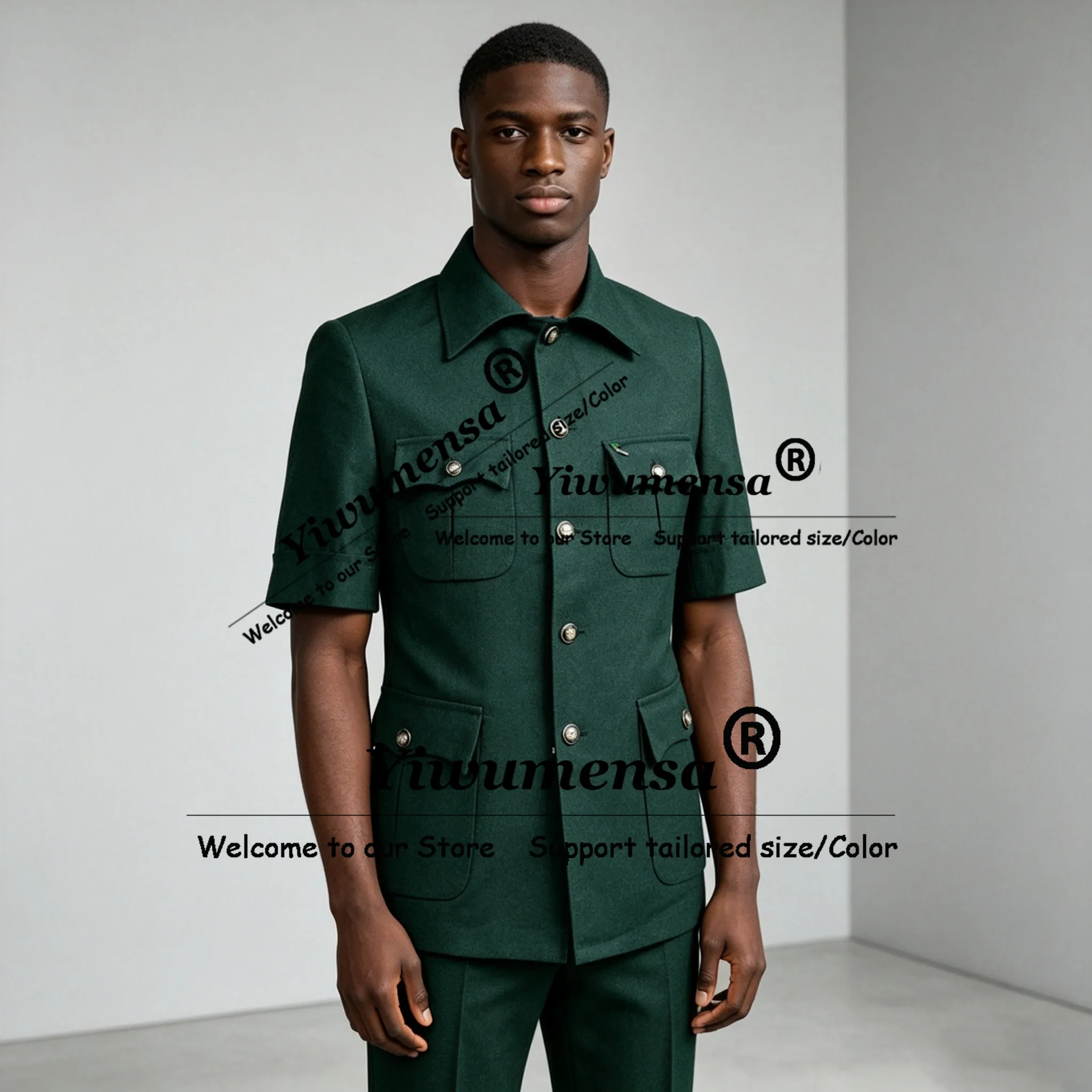 Elegant African Suits Man Short Sleeves Jacket Pants 2 Pieces Sets Safari Style Men's Blazer Customized Groom Dinner Tuxedos view 4