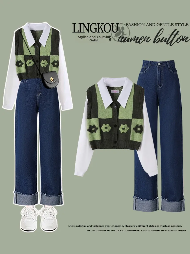 Set Sve Panjang Faionable Sweter Dua Potong Palsu Retro Sle Baru Awal Musim Gugur dengan Jeans Manset Pelangsing Ensemble Wanita