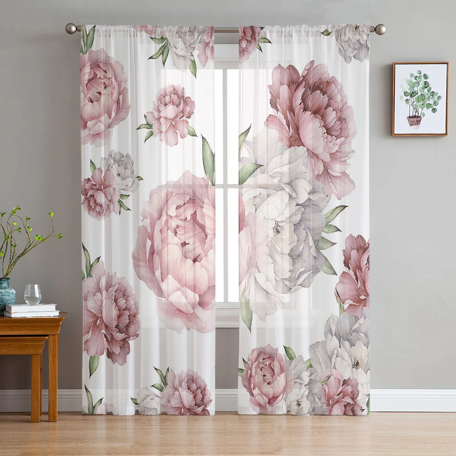 

Retro Flower Autumn Peony Tulle Sheer Curtains for Living Room Home Balcony Decor Curtain for Cafe Printed Voile Window Curtains