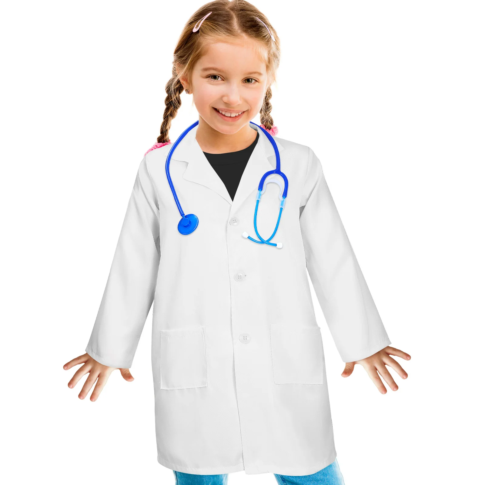

Kids Doctor Coat White Costume Toddler Kit Scientist Dress Up Lab Scrubs Play Stethoscope Pockets Cotton Fabric Party