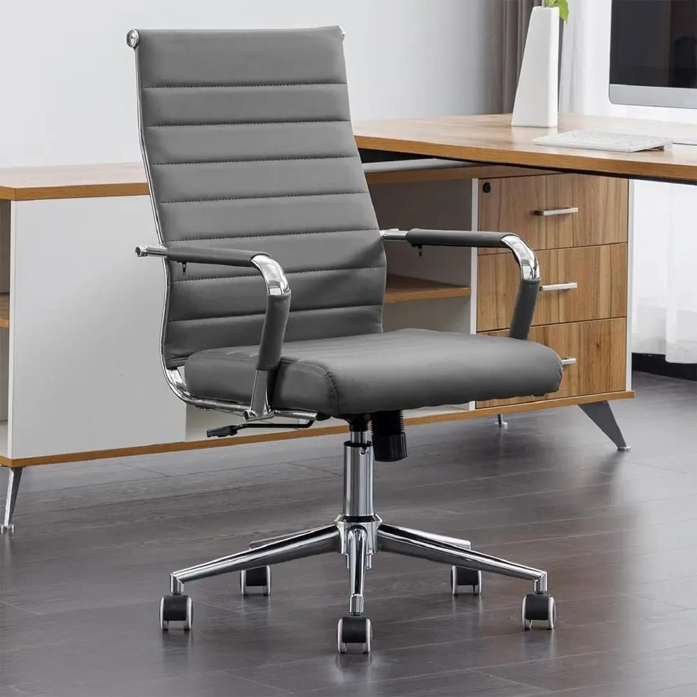 

Эргономичное офисное кресло с высокой спинкой и поворотным механизмом, обтянутое ребристой искусственной кожей, для офиса и дома (серый)