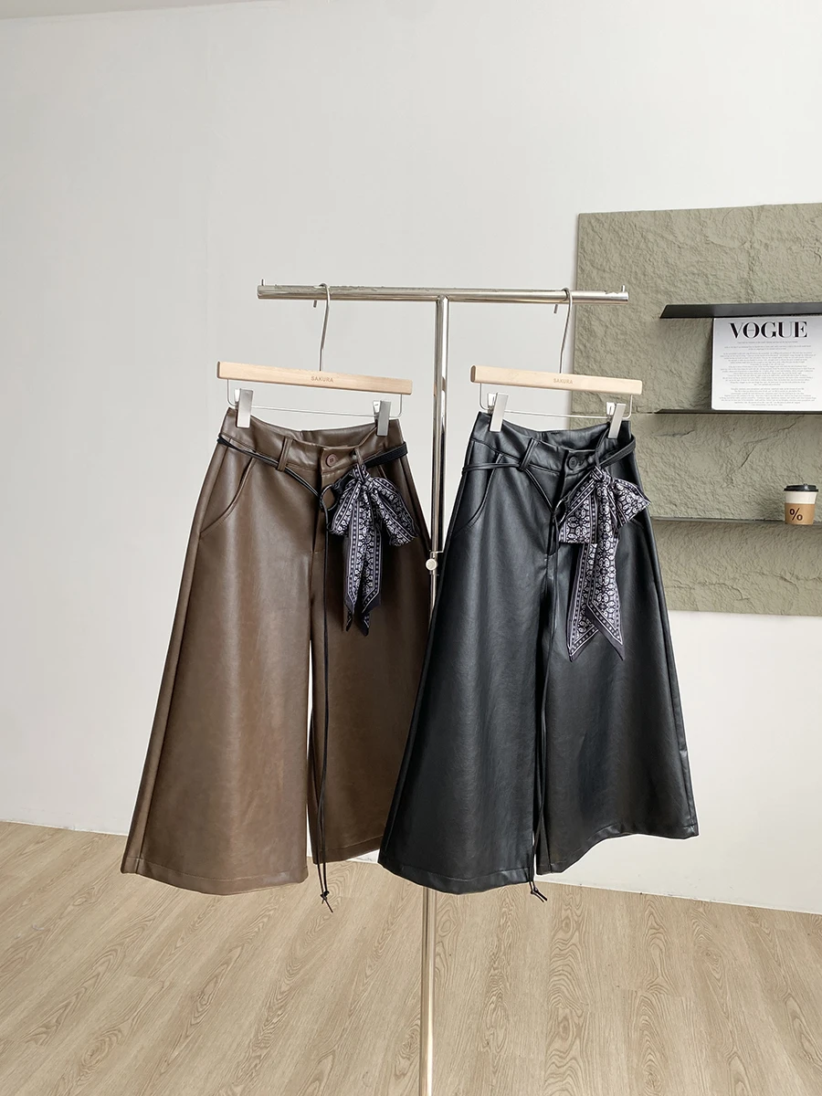 

Ретро-брюки с высокой талией, свободные, широкие, из искусственной кожи, длиной 7/8, женские, осенняя новинка, корейский стиль, стройнящие