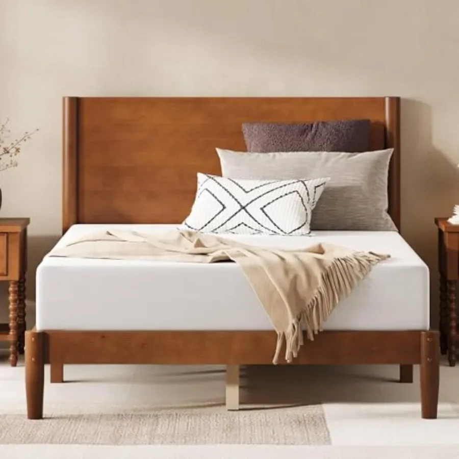 Mid Century Solid Wood Bed Frame with Headboard for Bedroom, Brown, Sturdy Natural Grain Finish