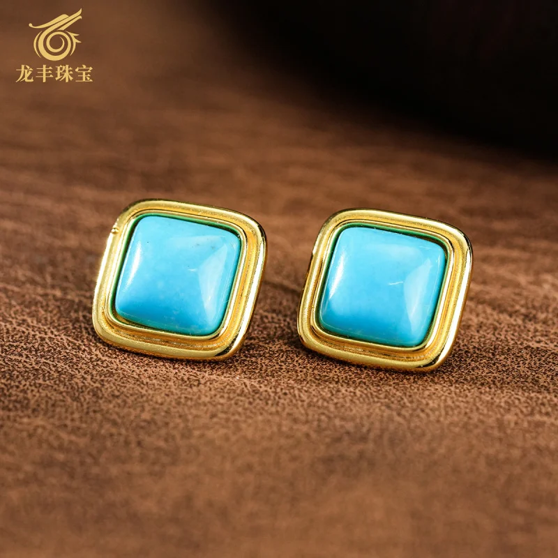 

Turquoise S925 Silver Plated 18K Gold Earrings Natural High Porcelain Turquoise Square Women's Earrings