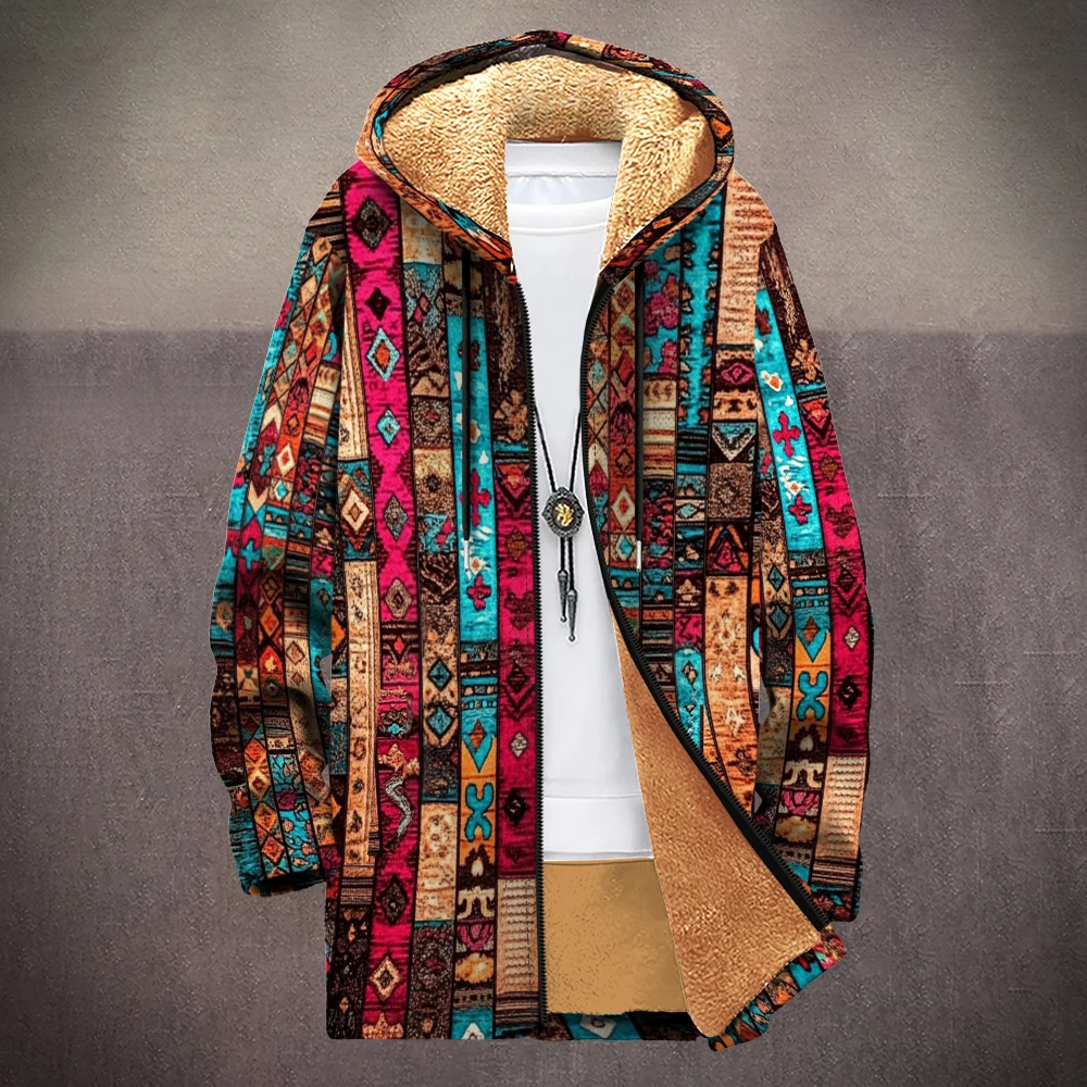Unisex Ethnic Pattern Fleece Lined Hooded Coats Bohemian Geometric Print Long Jackets Warm Vintage Streetwear for Autumn Winter