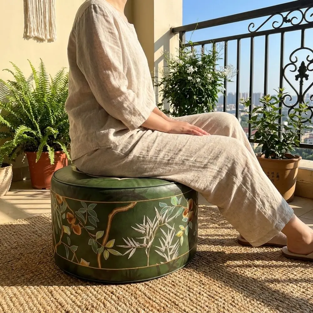 Decorative PU Leather Footstool Cover Large Capacity Waterproof Sofa Stool Cover Round Unfilled Bean Bag Cover Entryway