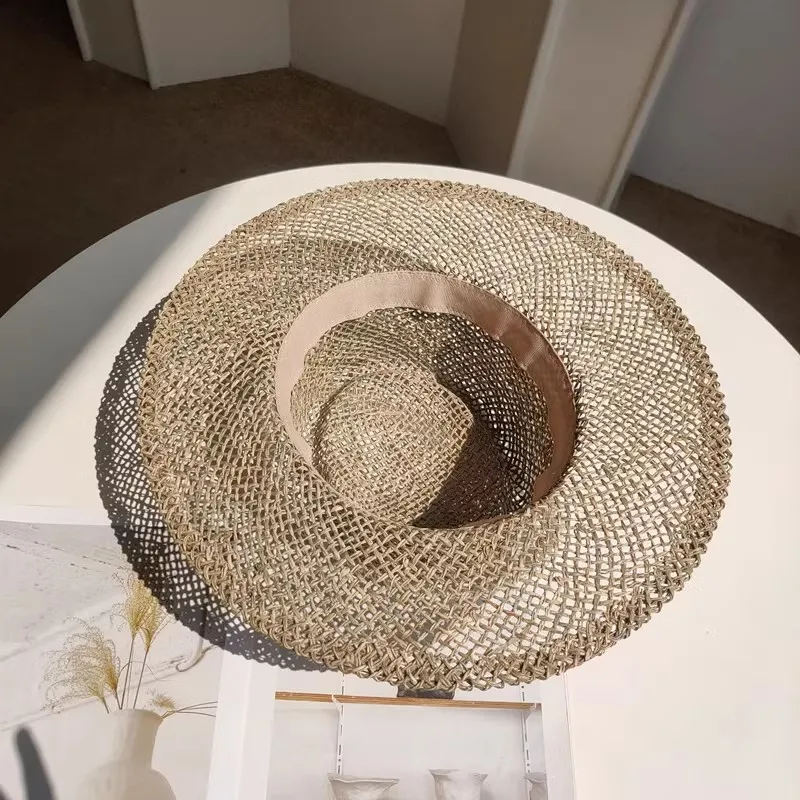 Verão palha chapéu com pérola pin para as mulheres, pára-sol à beira-mar, ranhura oca plana top