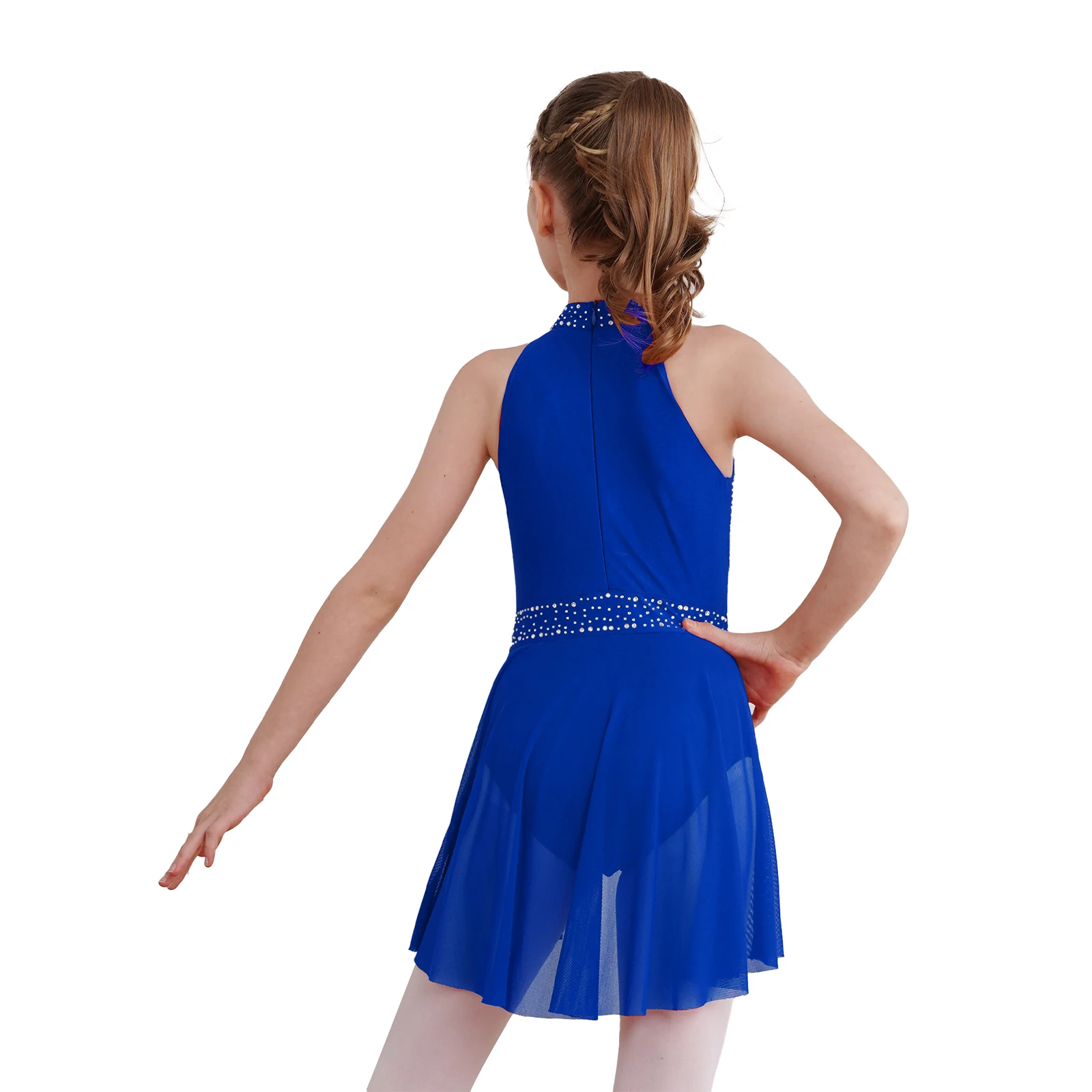 Girls Figure Skating Dress Lyrical Dance Ballet Gymnastics Performance Dancewear Sleeveless Shiny Rhinestone Mesh Leotard Tutu