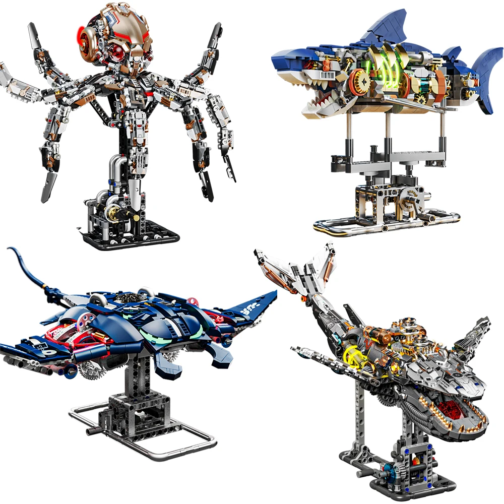 Mechanical Sea Animal Building Blocks Shark Octopus Whale Manta Ray Model With Light Creative MOC Bricks STEM Gift s Kids