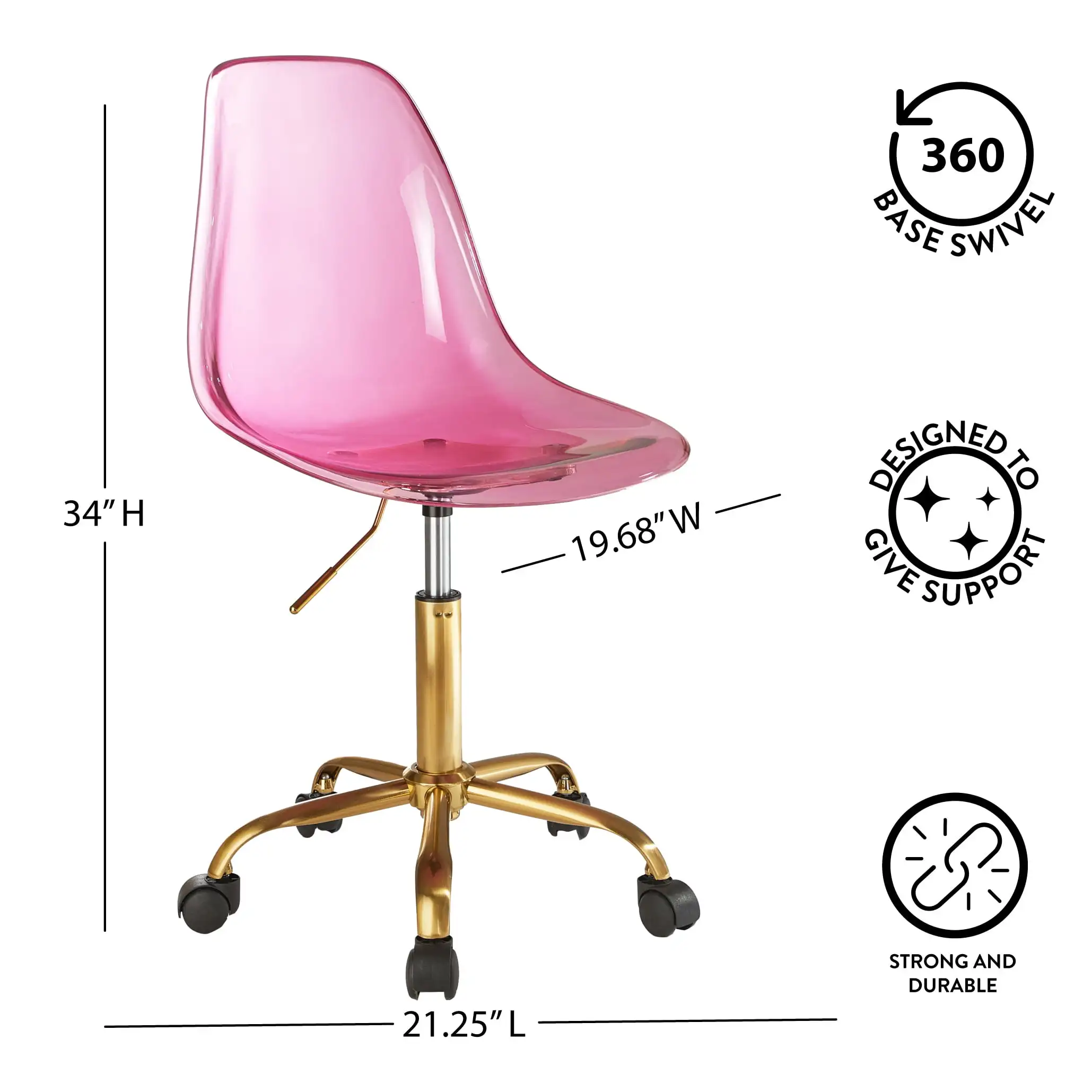 Acrylic and Metal Rolling Office Chair, Hot Pink with Gold Base