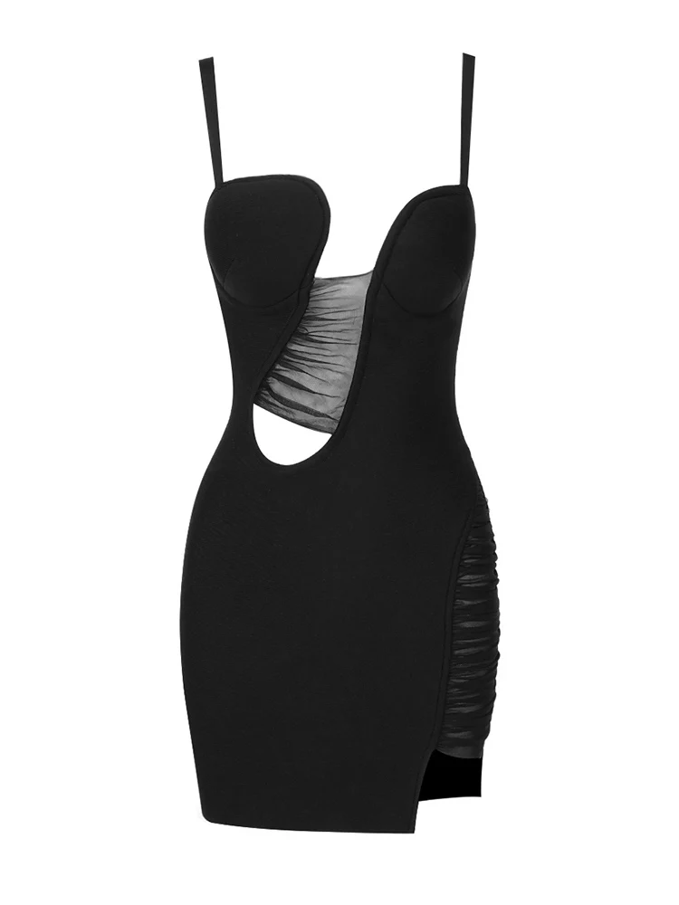 Sexy Sleeveless V Neck Mesh Patch Bandage Dress Women Black Spaghetti Strap Hollow Mesh Mini Bodycon Dress Celebrity Party Dress