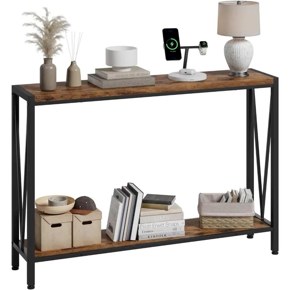 

Rustic Console Table,42.9/inch Grey Entryway Table Storage,Wood Metal 2-Tier Narrow Long Sofa Table Shelf,Behind Couch Table