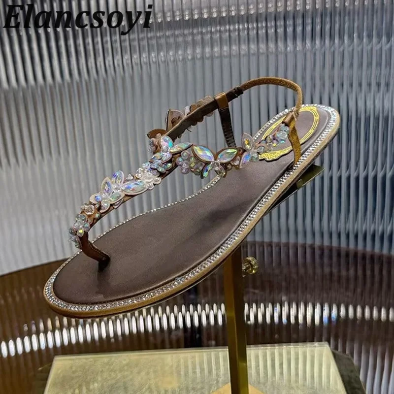 Sandalias Summer Spite Toe Ankle Strap Gladiator Women Rhinestone Flower Fairy Sandals Outdoor Fashion Flat Vacation Beach Shoes