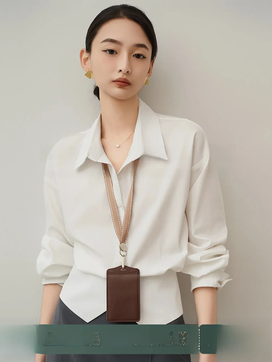 

White Waist-Cinching Commute irt for Women Summer Profional Split Design Loose Fit Long Sve Button-Up Office Top