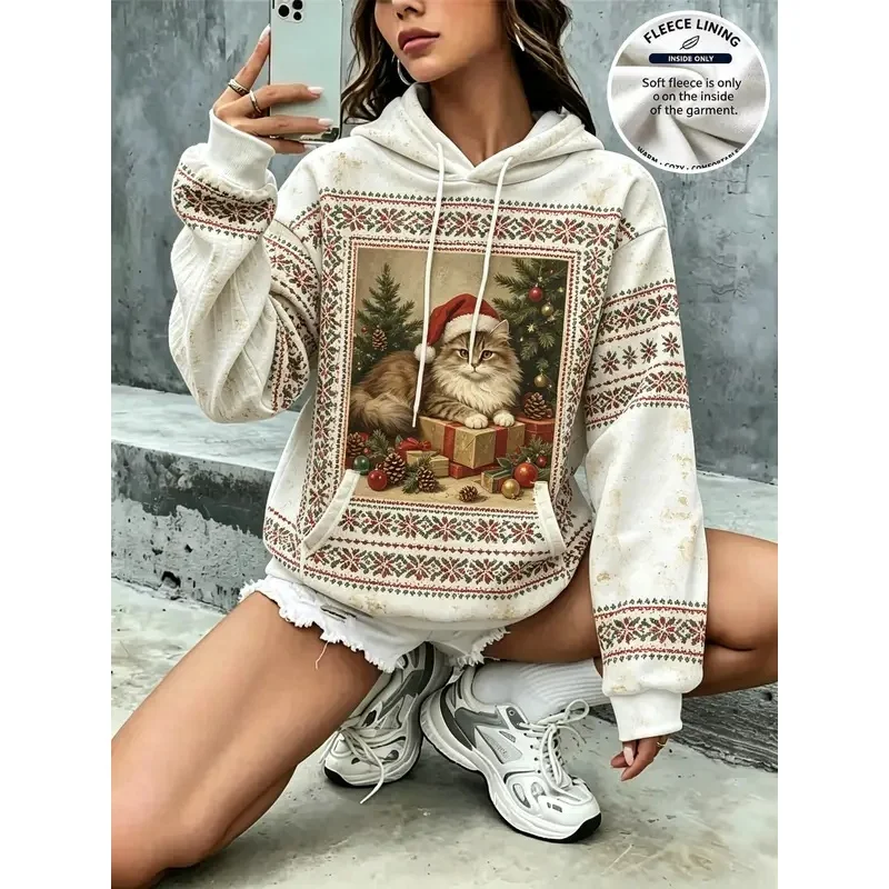 Women's Christmas Retro Fair Isle Style Reindeer Pine Tree Decor Fleece Hoodie with Pockets Casual Top