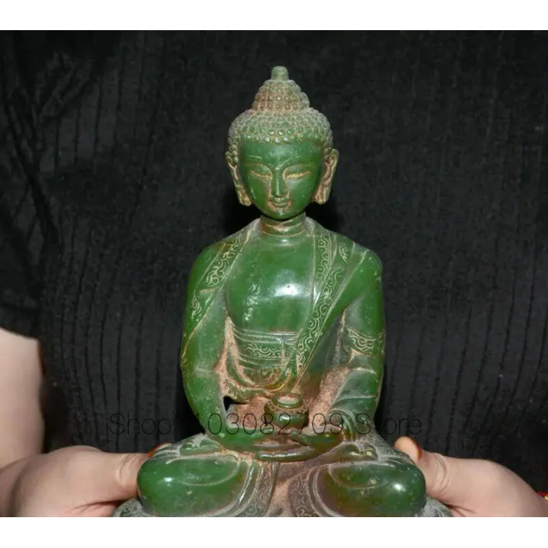 Imagem -02 - Jade Verde Natural Esculpida Buda Lotus Estátua Shakyamuni Amitabha Old Tibet 88