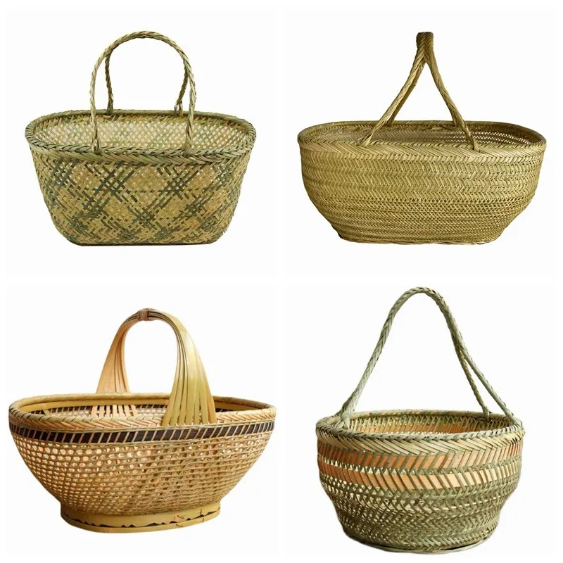 Handwoven Bamboo Basket, Durable Storage Hamper with Sturdy Handle for Vegetables, Fruits, Eggs, Farm Produce, and Picnic
