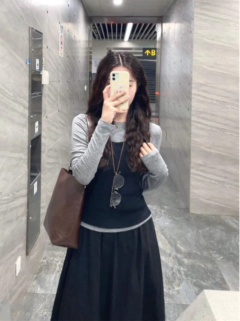 

Korean Style Simple Casual Loose Knitted Halter Top Base Shirt High Waist Skirt Two Piece Set Fashionable Young Women's ...