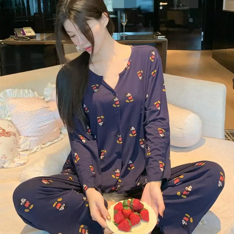 

Новая женская пижама с длинными рукавами и брюками с Микки Маусом, утепленная, из двустороннего велюра, с мультяшным принтом, повседневная домашняя одежда, студенческий костюм