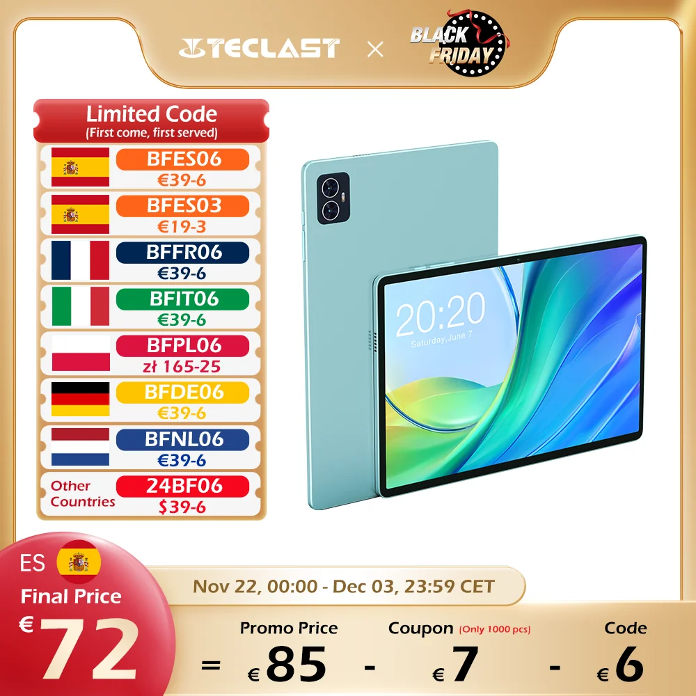 Teclast M50, Android 13 tablet PC, 6GB RAM + 128GB ROM, 10,1 inch, UNISOC T606, 8 core, Mali G57 GPU, networks and calls 4G, dual WiFi GPS dual SIM card slots 13MP + 5MP