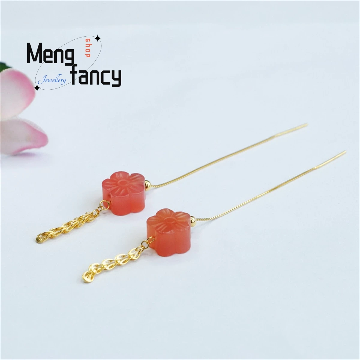 

Natural S925 Silver Inlaid Yanyuan Agate Hook Peach Blossom Phoenix Tail Ear Line Simple Personality Fashion Retro Women Jewelry