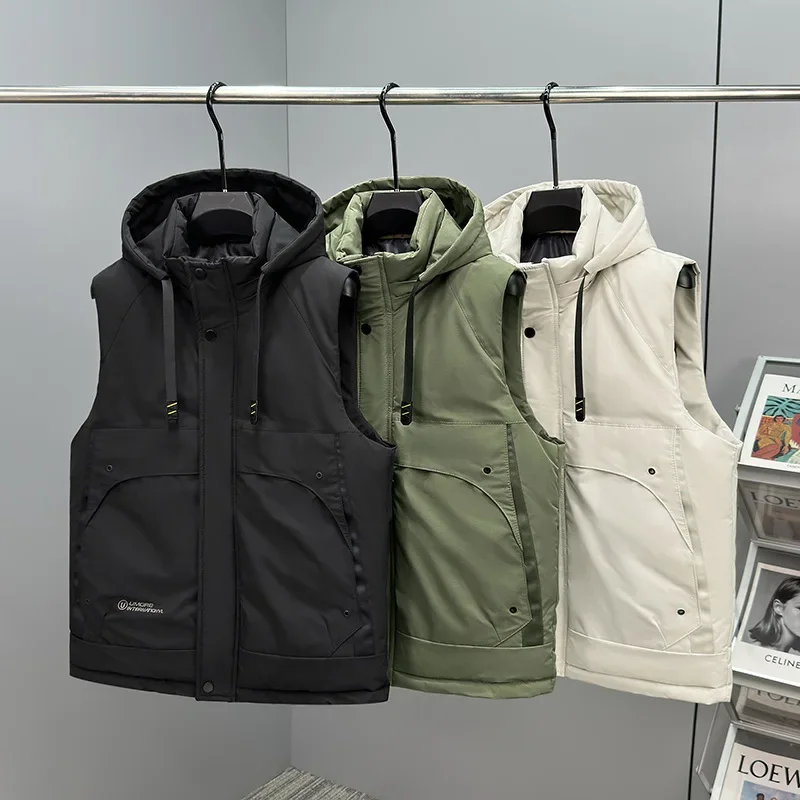 Fashion Winter Vest Man Hooded Parkas Sleeveless Jacket Thick Warm Windproof Pocket Outwear Vest Solid Waistcoat