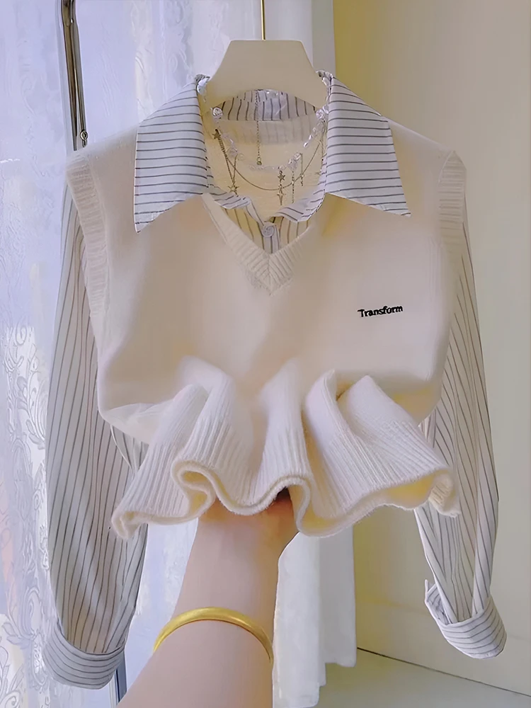 بلوزة نسائية أنيقة منسوجة بتصميم مرقع، موديل خريفي جديد، أكمام طويلة، نحيفة، بأسلوب فرنسي