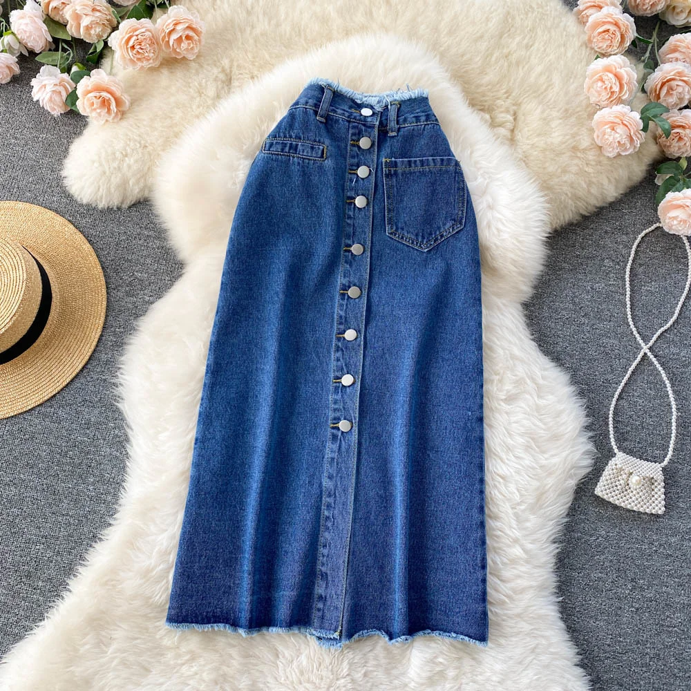 Foamlina Long Denim Skirt for Women Korean Fashion Vintage Tassels High Waist Single Breasted A-line Jeans Skirt with Pockets