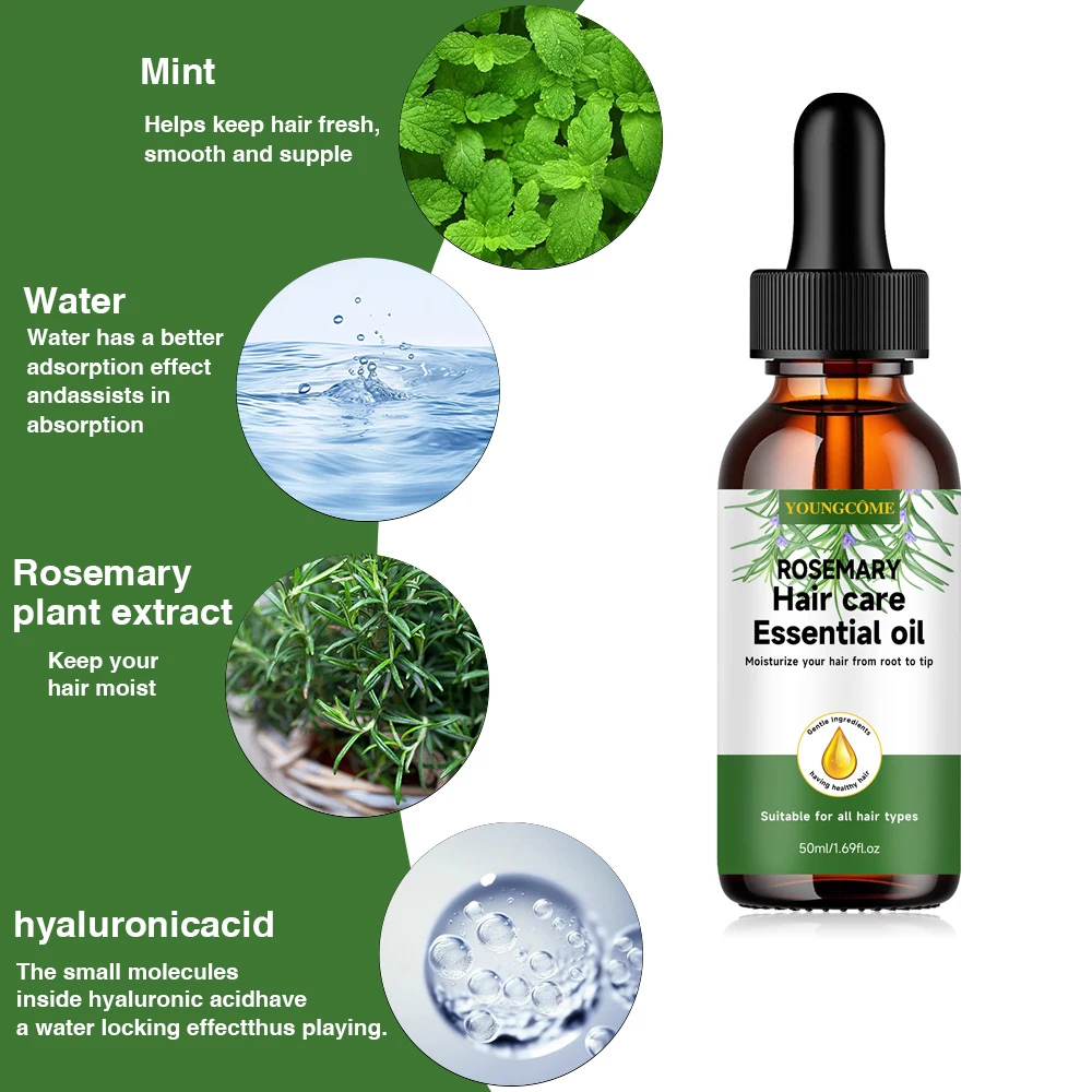 YOUNGCOME Olio essenziale per la cura dei capelli al rosmarino, Nutre riparazioni Migliora l'effetto crespo Previene la caduta dei capelli Diradamento Cura dei capelli danneggiati