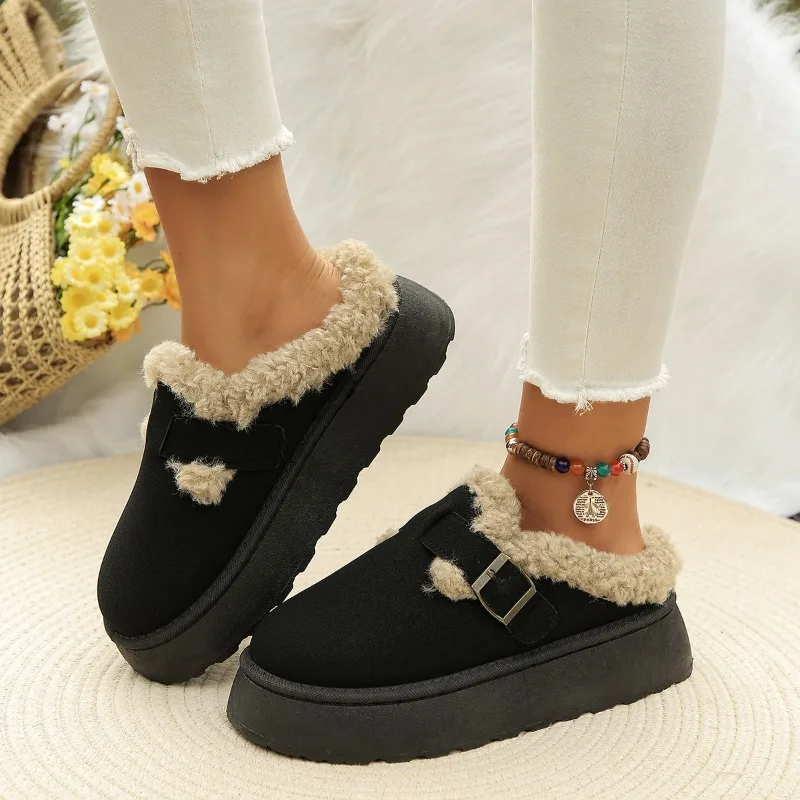 2024Fashion Plush Flat Shoes Women Suede Round Toe Solid Color Women Snow Boots Warm Flat Non-slip Women Ankle Boots Botas Mujer