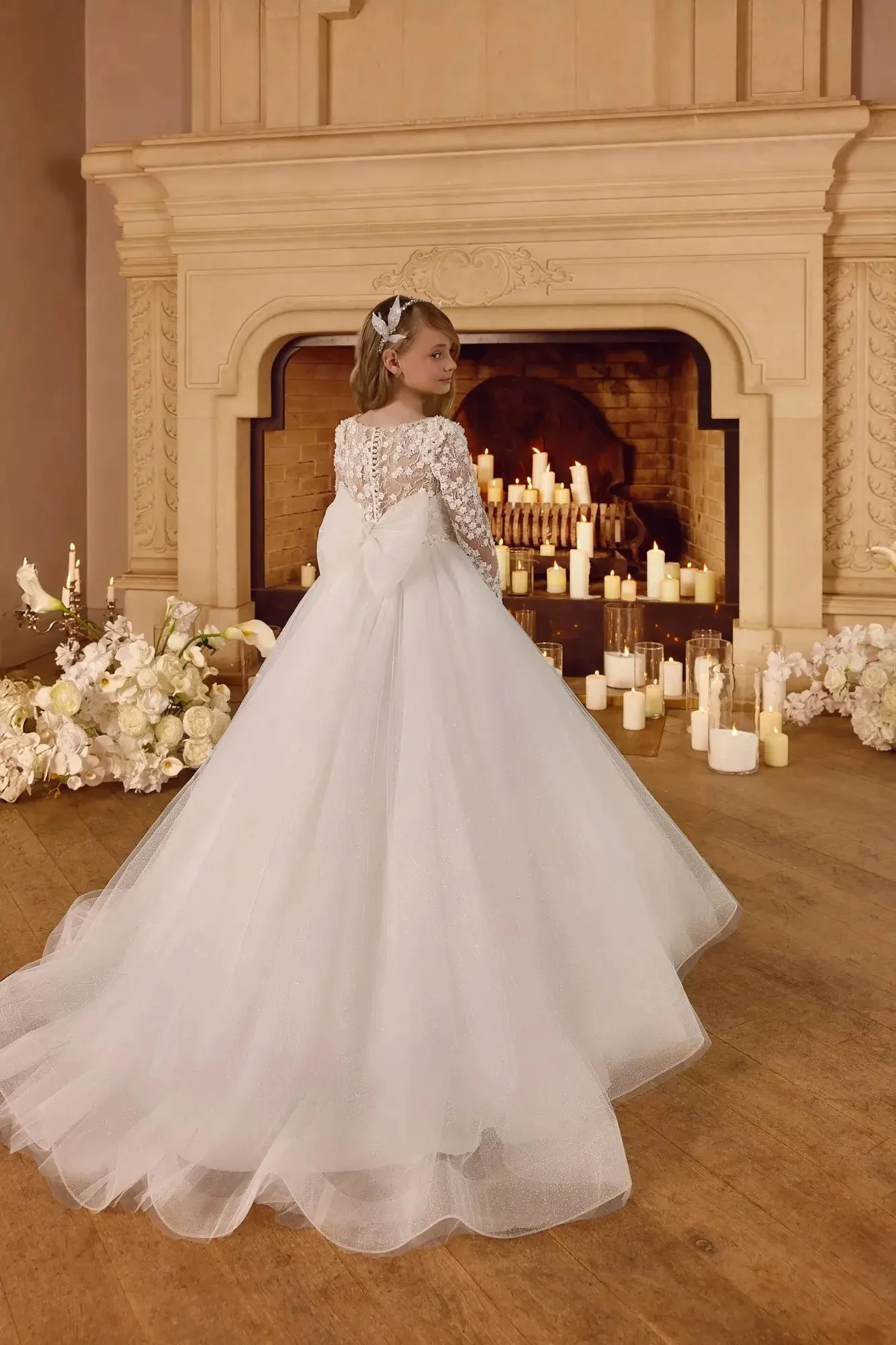 

White Flower Girl Dresses for Wedding Lace Appliques Full Sleeves Girl Birthday Party Gowns First Communion Gowns Customized