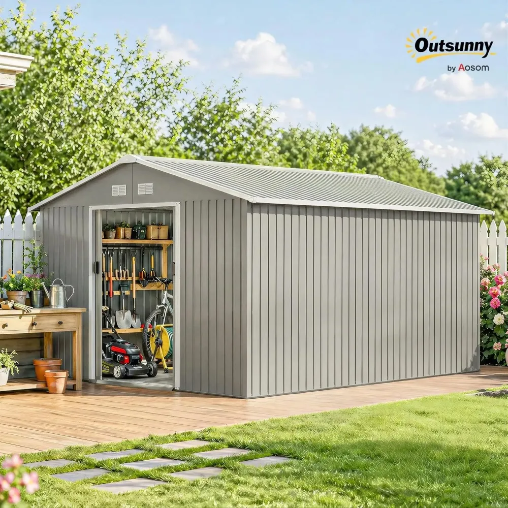 

11' x 13' Outdoor Storage Shed, Garden Tool Metal Shed with Foundation Kit, Double Lockable Door, Air Vents and, Customized