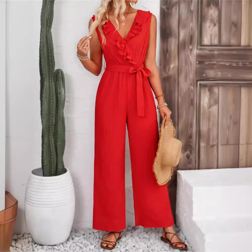 Women's Jacquard Striped Red Jumpsuit For Summer New Lace Up V-neck Sleeveless Straight Leg Casual Wide Leg Pants For Women 2024