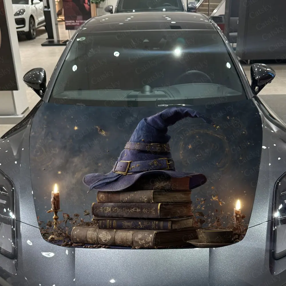 Magic Hat And Magic Book Car Hood Decal, Durable PVC Vinyl Wrap For Most Vehicles, Engine Cover Protective Film, Realistic Patte