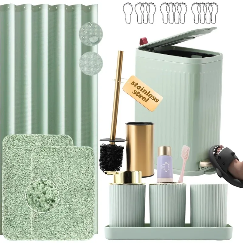 

Зеленый и золотой набор аксессуаров для ванной комнаты, 9 шт. с мусорным баком из нержавеющей стали, щетка для унитаза, держатель для зубной щетки, дозатор мыла