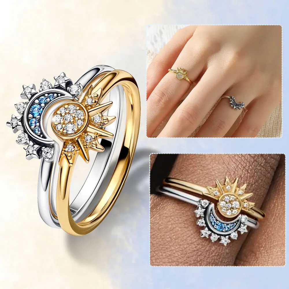 2pc/set Sparkling Ring Riyue Suitable Ring for Women To Wear Fashion Female Sun Moon Star Ring Cubic Zircon Ring for Women Gift