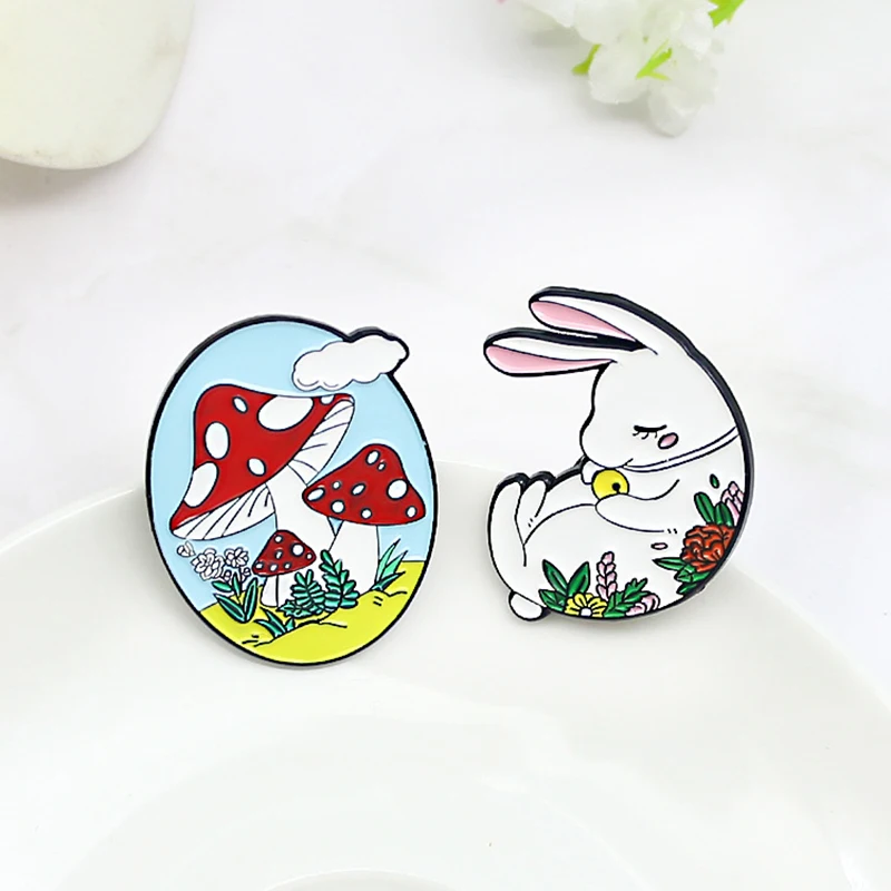 

Cute Sleeping Rabbit Enamel Brooch Plant Flower Mushroom Cartoon Metal Badge Punk clothing Lapel Pins Jewelry Accessories Gift