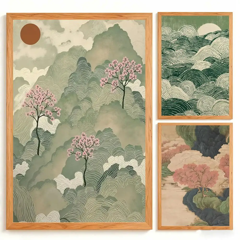 Ukiyo-E Inspired HD Wall Art Poster Vintage Japanese Landscape Rolling Green Mountains Wavy Clouds Home Decor Gift