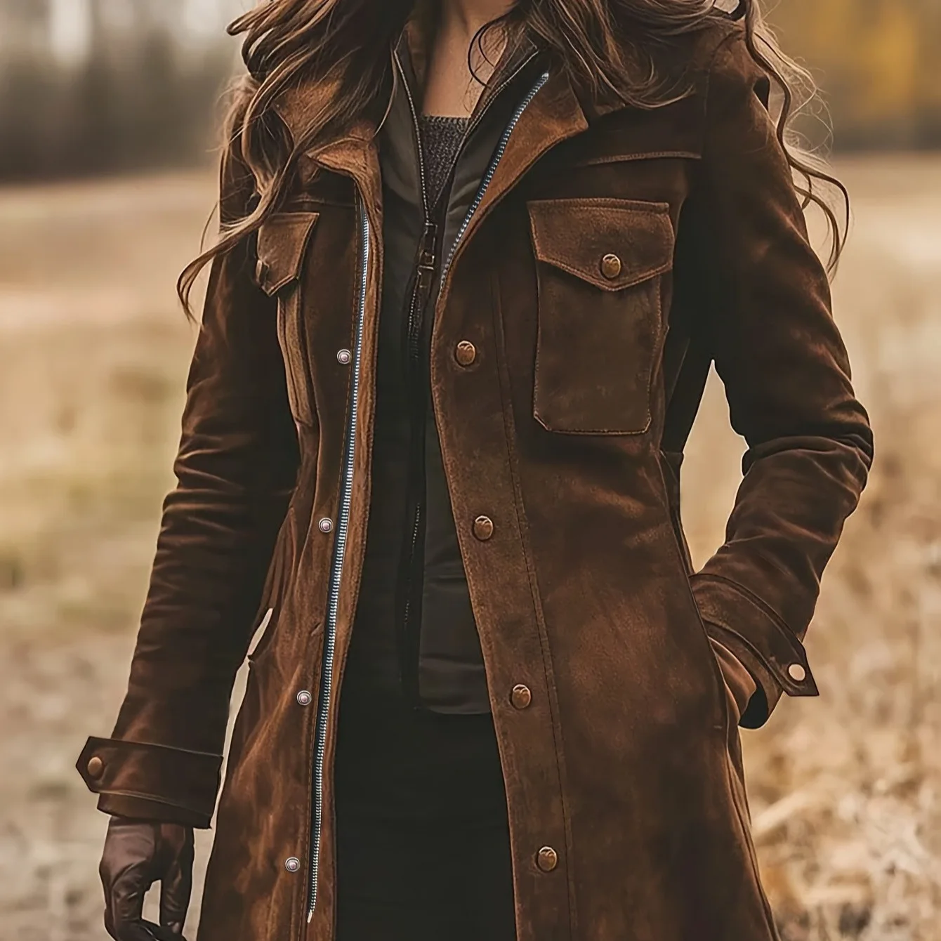 

Autumn and Winter Retro Coat Women's Lapel Brown Deerskin Casual Jacket Warm Temperament Medium and Long Coat