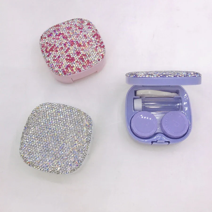 Sparkling Rhinestone Contact Lens Case Portable Travel Contact Lens Storage Box Mini Cosmetic Contact Lenses Case With Mirror