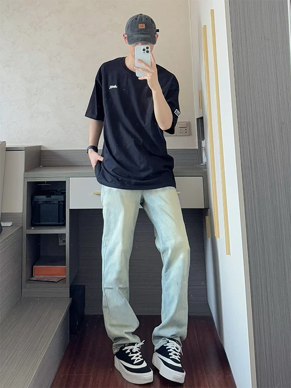 

Мужские джинсы прямого кроя цвета желтой глины, американские ретро-брюки с микро-клешем, облегающие, эластичные, с аккуратным кроем