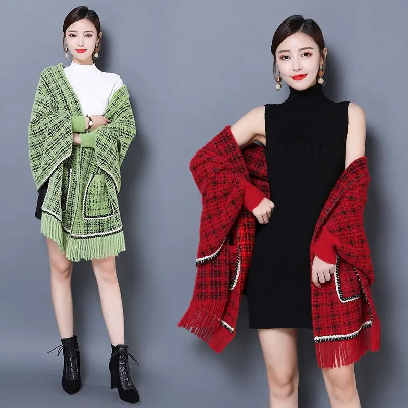 Shawl jacket for women in autumn and winter medium to long length cape style knitted cardigan thick cloak outer layer